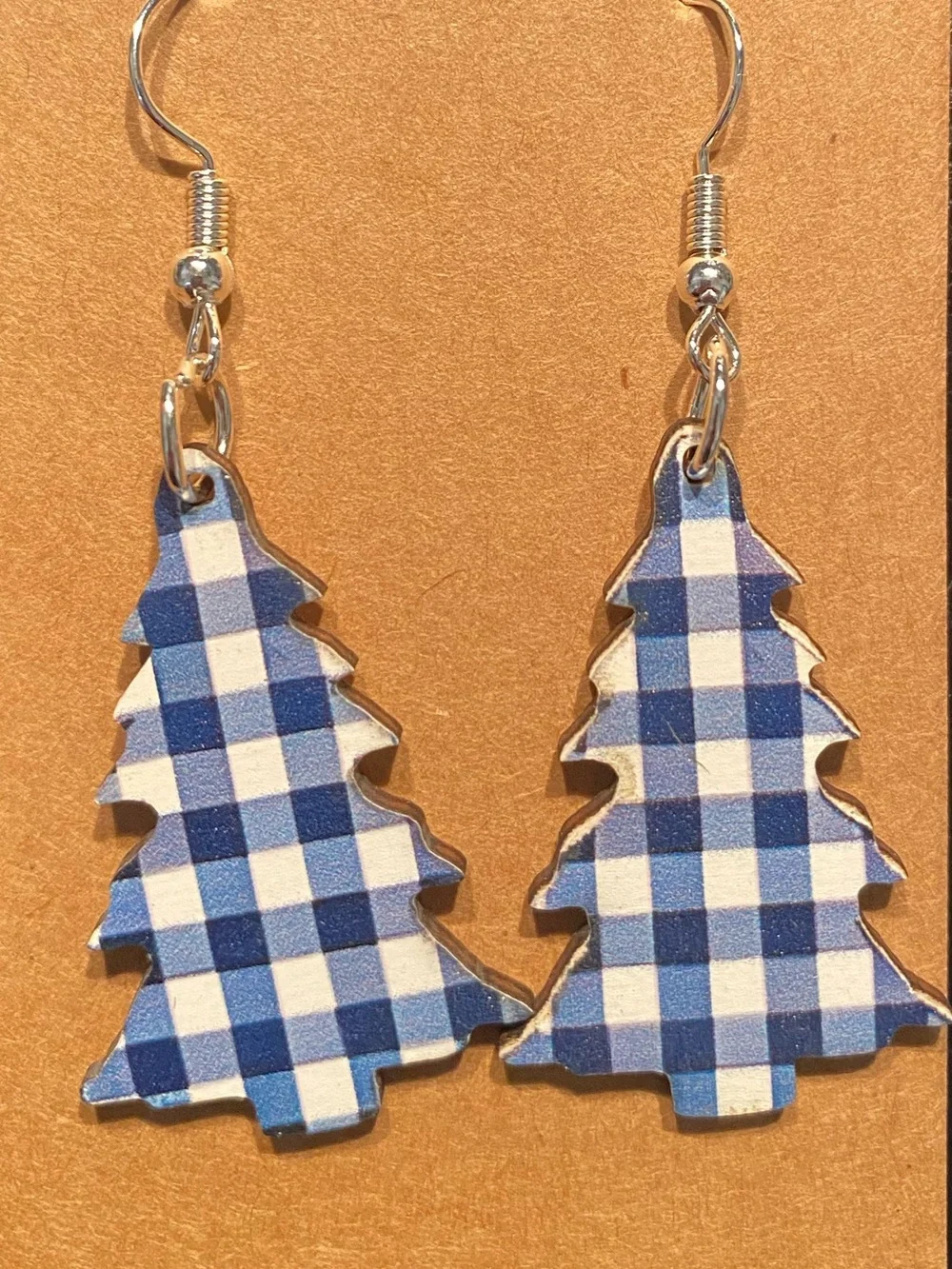 *Buy Now* Blue Gingham Tree Wooden Earrings